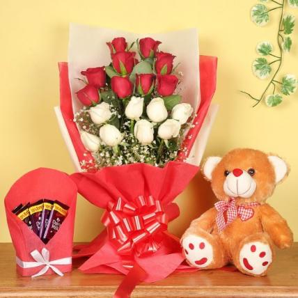 Red & White Roses N Teddy With Chocolate